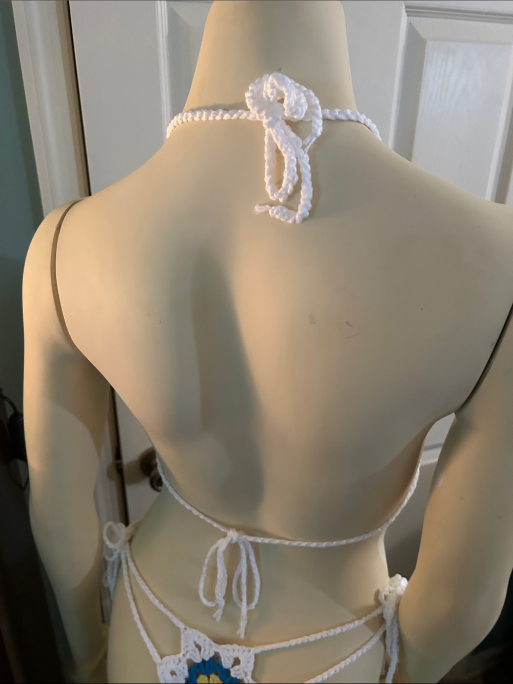 SHEIN White Crochet Floral Thong Bikini with Blue and Yellow Accents - Picture 9 of 10